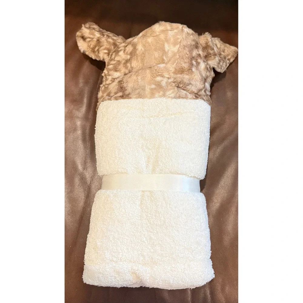 Swankie Blankie Minky Hooded Towel White Tan Faux Fur Deer Fawn Animal Ears NEW
